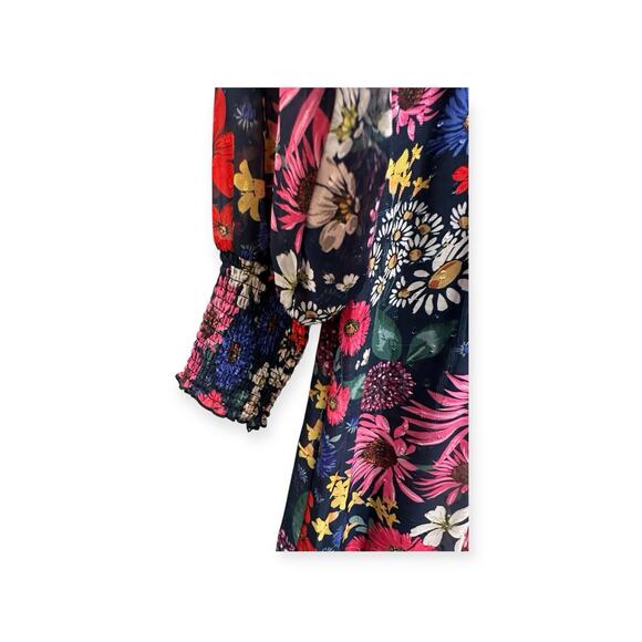 AQUA Floral Print Smocked Midi Dress M Red Ruffles Romantic Whimsical V Neck 404 - Picture 5 of 9